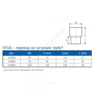 Переход PP-H на чугун серый HT HTUG Дн 50 б/нап без манжеты Ostendorf 112820