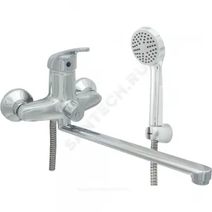 Смеситель для ванны с душем одноручный плоский излив, душевой шланг н/ж сталь, хромированная пластиковая лейка и кронштейн ЭКО ЦС-СМ 300-4 М-42 Центр Сантехники (Подольск) ЭП400026
