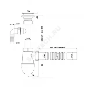 Сифон для умывальника/мойки бутылочный 1 1/2"x40 с гофрой 40х50 литой выпуск с нержавеющей решёткой D=70мм Ани АНИ Пласт C0510