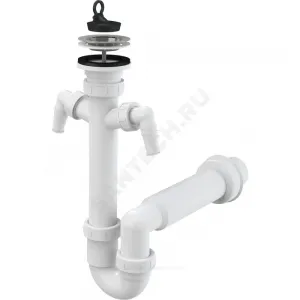 Сифон для кухонной мойки трубный 1 1/2"x40 с прямой трубкой с 2-мя отводами (штуцерами) выпуск с нержавеющей решёткой D=70мм Alca Plast A820-DN50