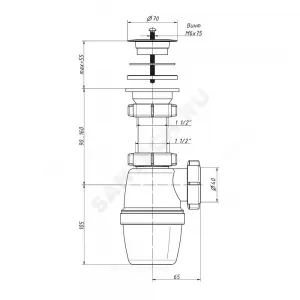 Сифон для кухонной мойки бутылочный 1 1/2"x40 выпуск с пластиковой решёткой D=70мм Орио А-7003
