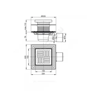 Трап регулируемый с гидрозатвором+механический сухой затвор Дн 50 с нержавеющей решёткой 143х143мм горизонтальный выпуск Alca Plast APV3444