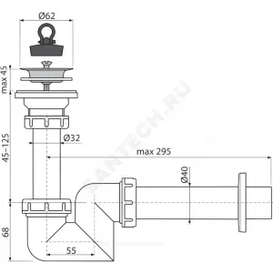 Сифон для умывальника трубный 1 1/2"x40 с прямой трубкой 40 выпуск с нержавеющей решёткой D=63мм Alca Plast A412-DN40