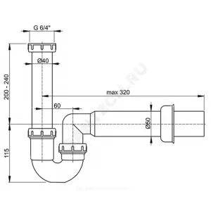 Сифон для кухонной мойки трубный 1 1/2"x40 с прямой трубкой без выпуска Alca Plast A80-DN50