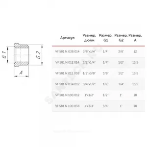 Футорка латунь никель Ду 20х15 (3/4"х1/2") НР/ВР VALFEX VF.581.N.034.012