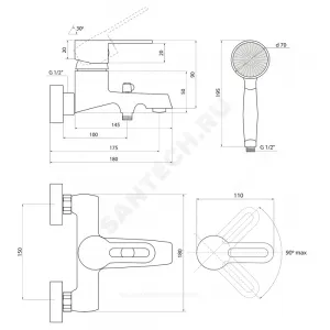 Смеситель для ванны с душем одноручный Город Т-серия Славен СЛ-ОД-Т30