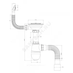 Сифон для кухонной мойки бутылочный с гибким переливом 3 1/2"x40 с гофрой 40х40/50 выпуск с нержавеющей решёткой D=115мм Unicorn B426