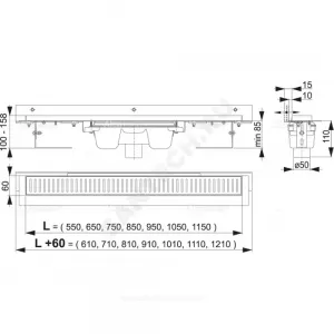 Лоток душевой с гидрозатвором Дн 50 1050х60мм без решетки вертикальный выпуск Alca Plast APZ1004S-1050