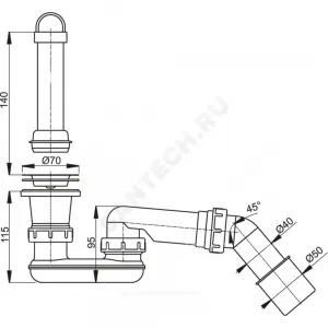 Сифон для поддона плоский 1 1/2"x50/40 с переходной трубкой 45гр выпуск с нержавеющей решёткой D=70мм Alca Plast A462-50
