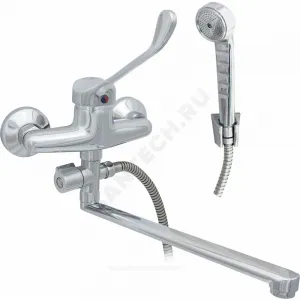 Смеситель для ванны с душем хирургический локтевой одноручный плоский излив, душевой шланг н/ж сталь, хромированная пластиковая лейка и кронштейн Престиж ЦС-СМ 300/1-4 М-44 Центр Сантехники (Подольск) ПП800118