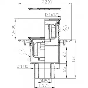 Трап регулируемый с "сухим" затвором "Primus" Дн 50/75/110 с нержавеющей решёткой 115х115мм с фиксацией решетки Klick-Klack вертикальный выпуск HL HL310NPr-3000