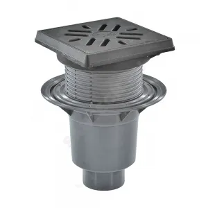 Трап регулируемый с "сухим" затвором Дн 110 с чугунной решёткой 226х226мм с подрамником из чугуна вертикальный выпуск серия PERFEKT HL HL616.1/1