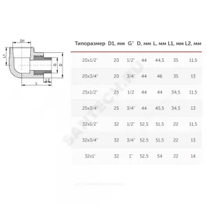 Угольник PP-R комбинированный белый Дн 20х1/2" НР VALFEX 10126020